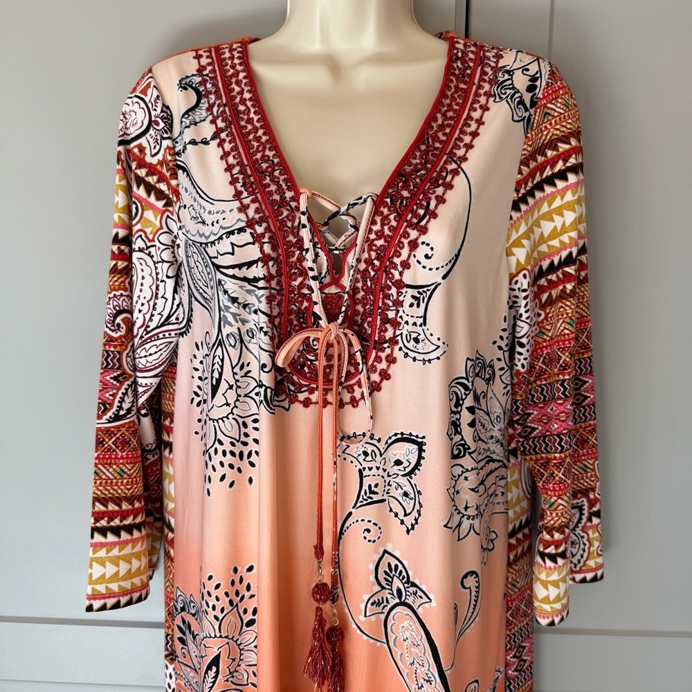 NWT Melissa Paige Dress XL 3/4 Sleeve Knee Length Tie Tasseled Boho Travel Work